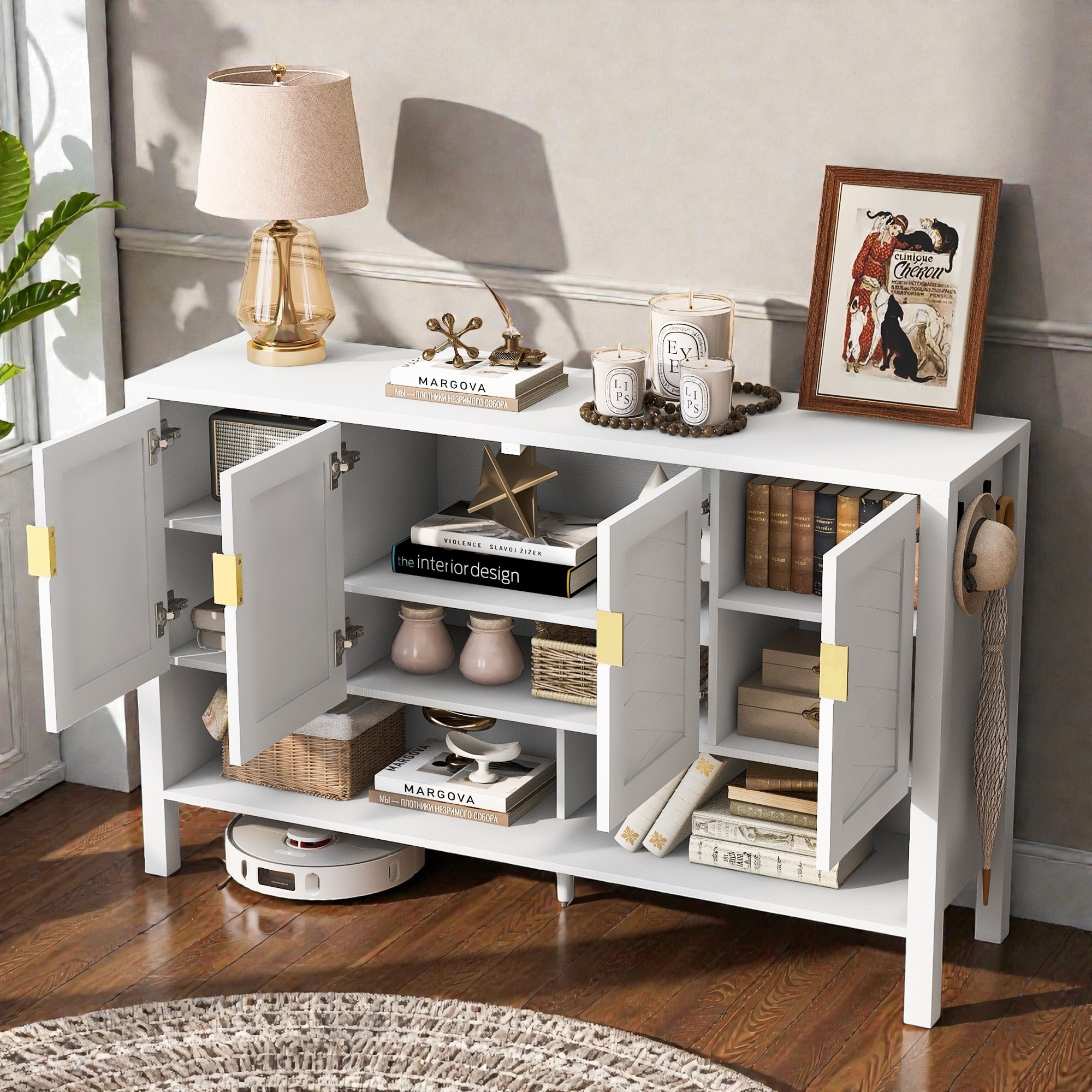 55.1 Sideboard Buffet Cabinet with 4 Doors, Open Shelf, Entryway Cabinet, Storage Cabinet, Adjustable Shelves and Dual Hooks