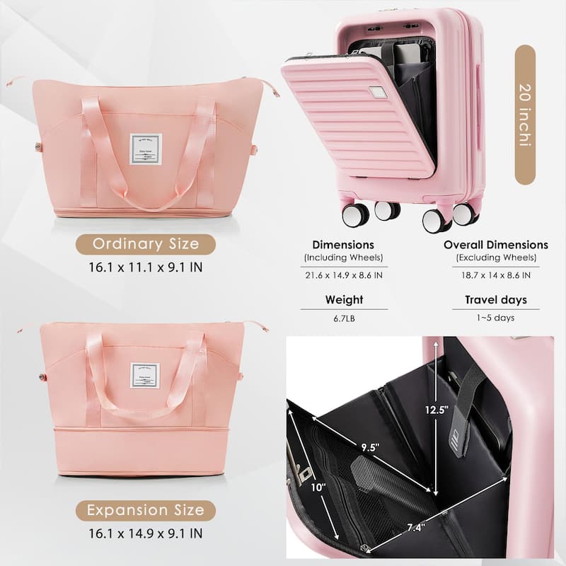 Front Opening 20-Inch Carry-On Luggage with Expandable Travel Bag Set,ABS Hard Shell Two-piece suitcase set & USB Port