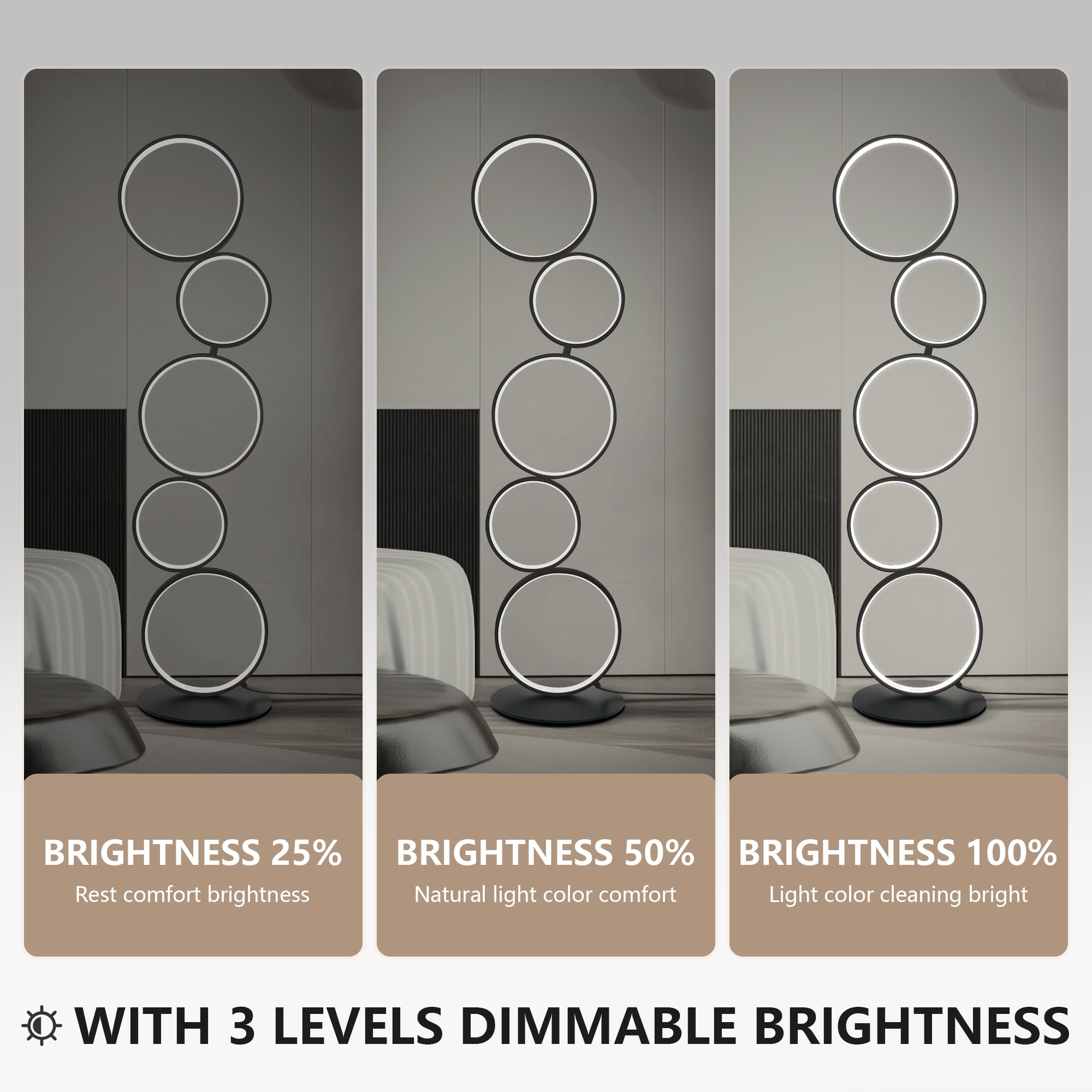 LED Modern Dimmable Floor Lamp 3 Way Bright Corner Stand Lamp with 5 Ring for Living Room Gold