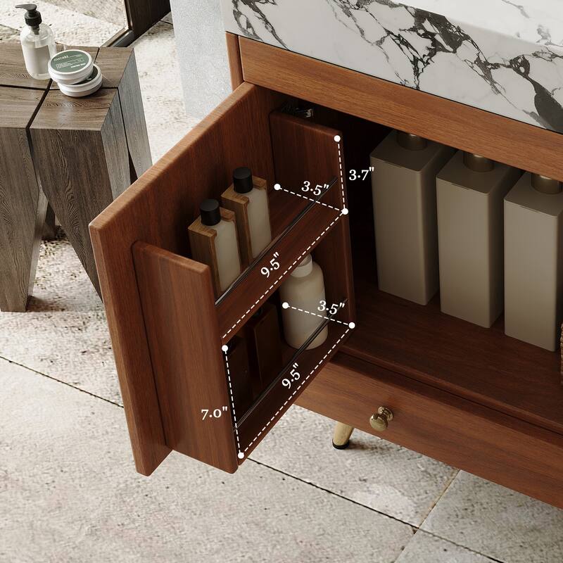 Mid-Century 30" Freestanding Bathroom Vanity with Faux Marble Top, Ceramic Sink & Gold Legs Cabinet