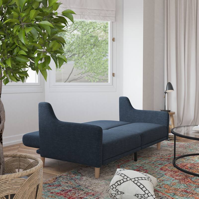 Split Back Futon Sofa with Curved Arms and Solid Wood Legs