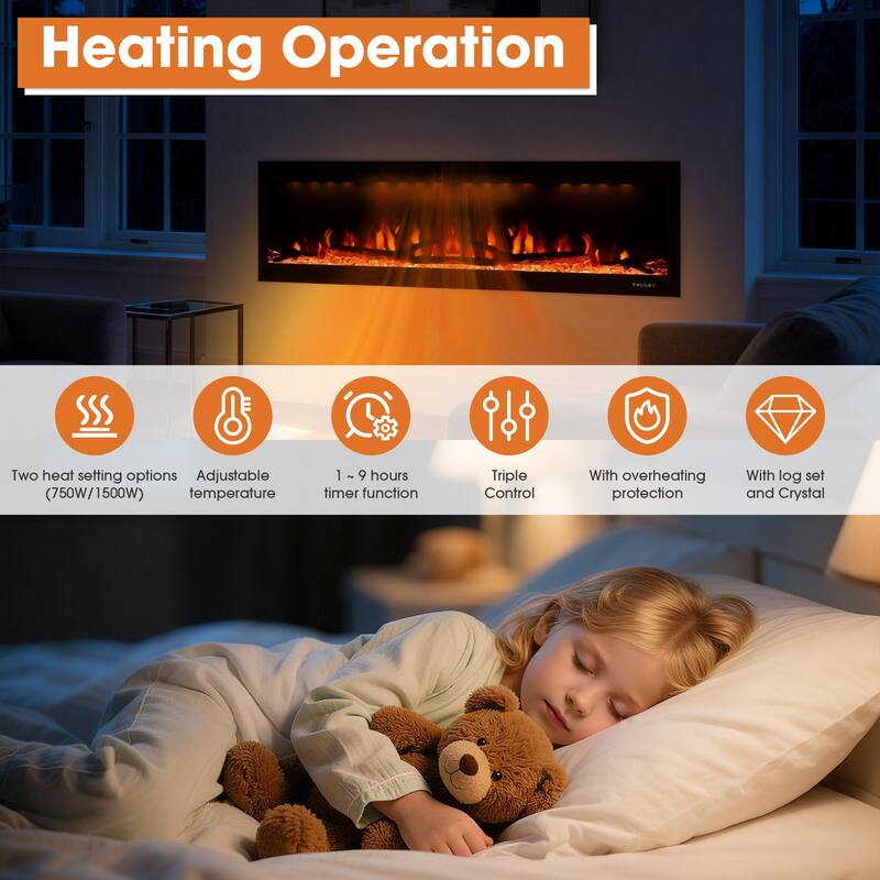 72" 1500W Inserted Wall Mounted Modern Linear Smart Electric Fireplace Heater with APP Control and Remote