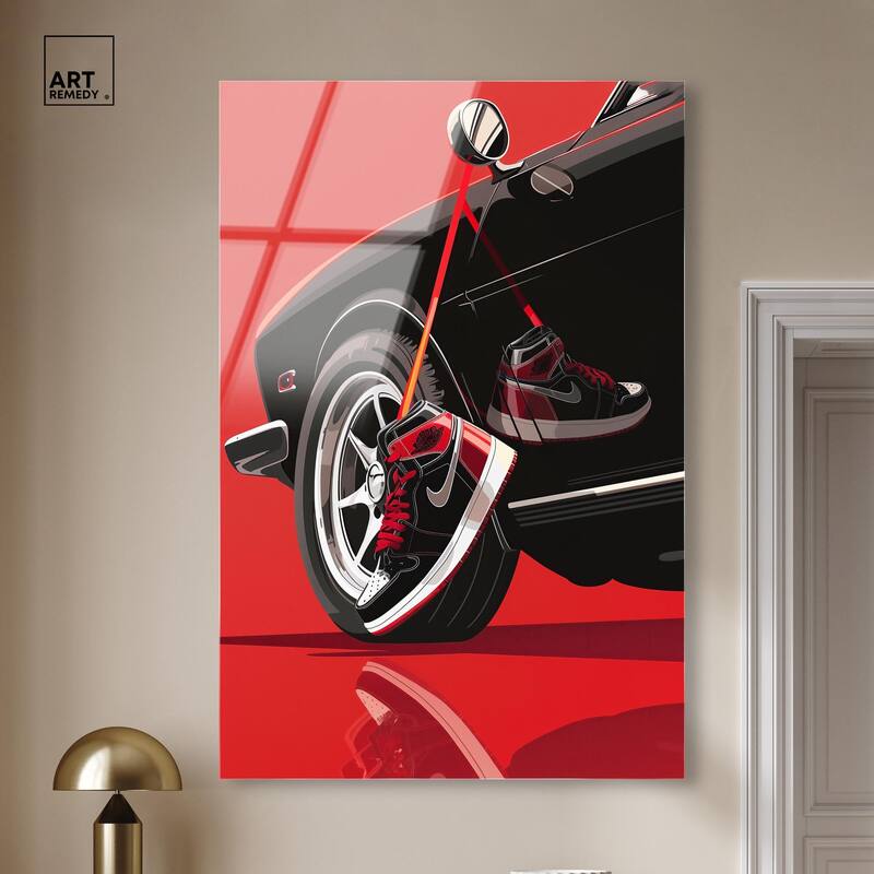 Red Bold Sneaker and Car Acrylic by Art Remedy, Ready to Hang