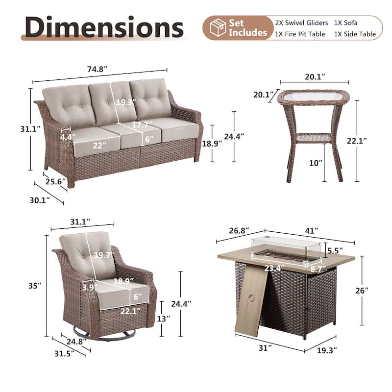 Artisan Brown Wicker Patio Fire Pit Conversation Set with 3-Seat Sofa & Swivel Gliders