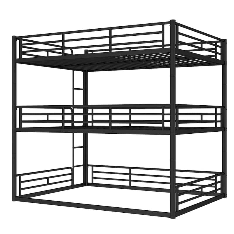 Queen over Queen over Queen Bunk Bed, Metal Triple Bunk Bed with Safety Guardrails, Bunk Bed with Noise-reduced Design