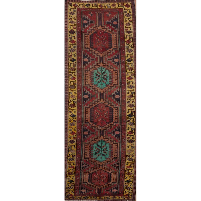 Hand Knotted Oriental 100% Wool Carpet Traditional Geometric Multi-Colored Heriz Runner Rug - 10' 10'' X 3' 5''