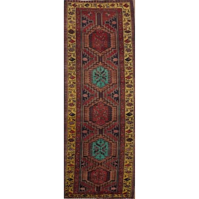 Hand Knotted Oriental 100% Wool Carpet Traditional Geometric Multi-Colored Heriz Runner Rug - 10' 10'' X 3' 5''