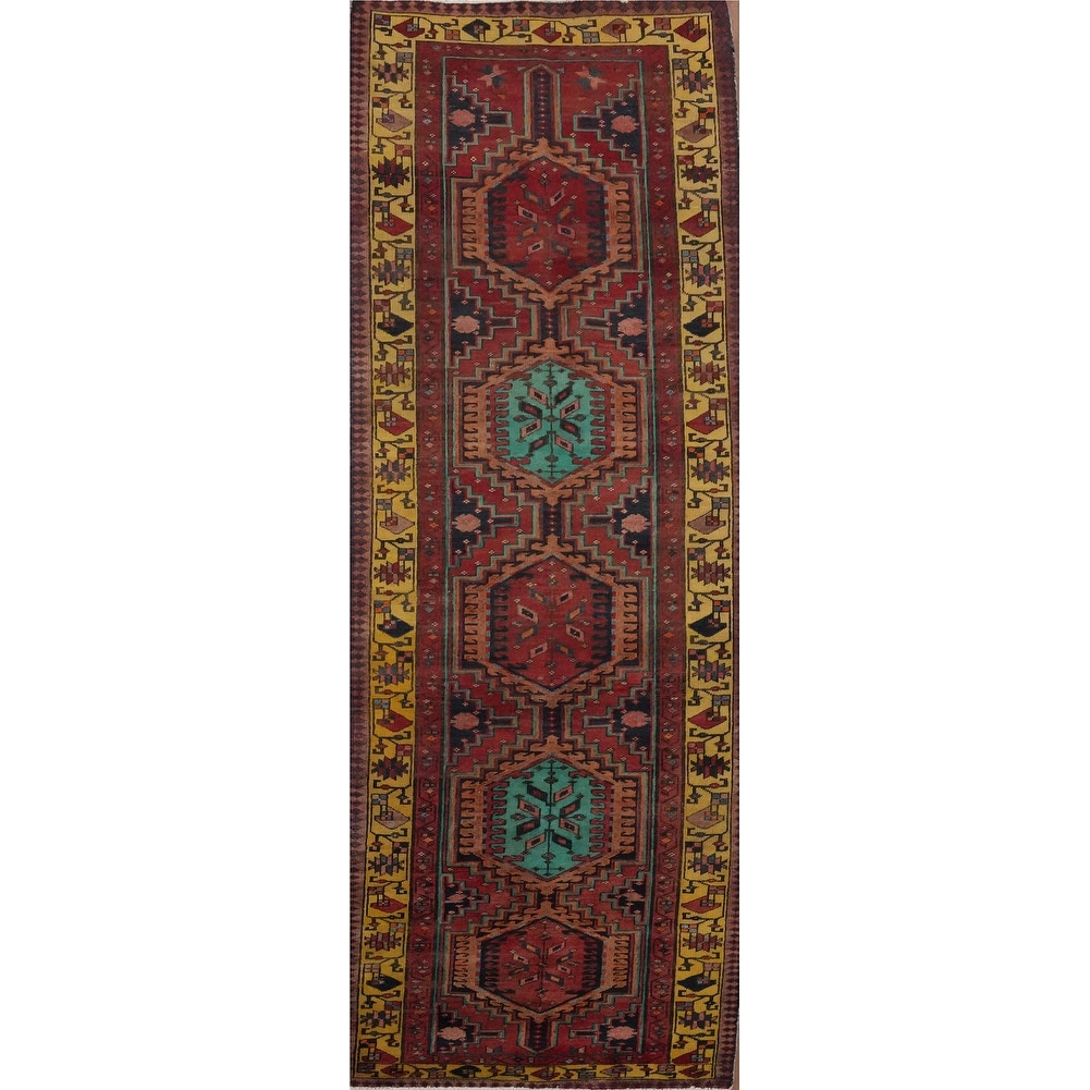 Hand Knotted Oriental 100% Wool Carpet Traditional Geometric Multi-Colored Heriz Runner Rug - 10' 10'' X 3' 5''