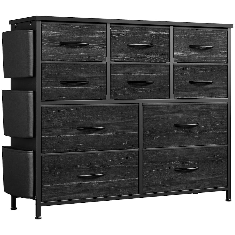 Fabric 10 Drawer Dresser for Bedroom, Metal Frame Storage Organizer Chest with Side Pockets, Hooks