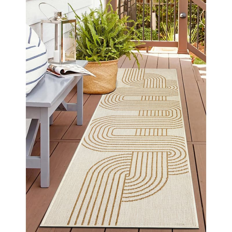 World Rug Gallery Modern Abstract Lines Weather Resistant Reversible Indoor/Outdoor Area Rug - 2' x 7' - Natural