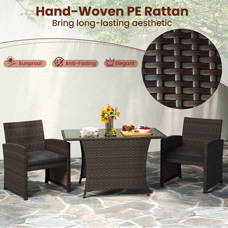 3 Piece Patio Wicker Dining Set with Glass Table and Cushioned Chairs - 25" x 23.5" x 31"