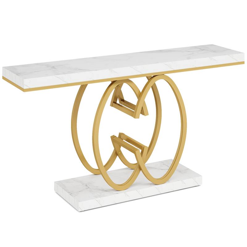 55" Faux Marble Console Table, Gold Geometric Entryway Table, Modern Narrow Sofa Accent Table for Living Room, Hallway, Foyer