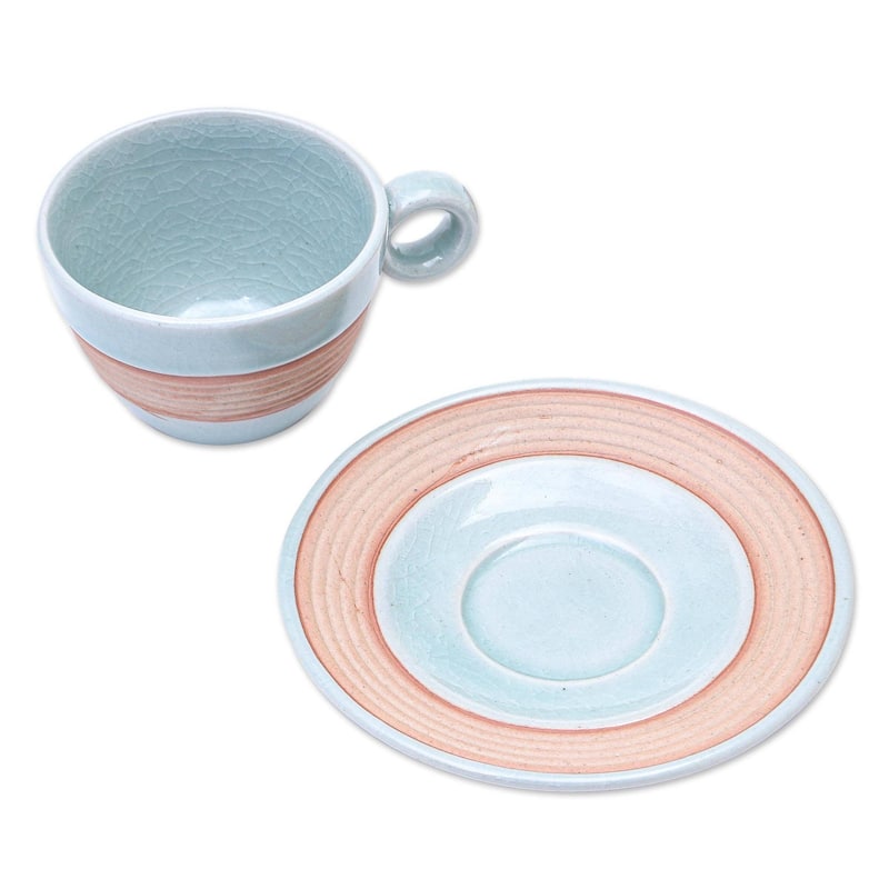 Celadon ceramic cup and saucer, 'Aqua Oasis'