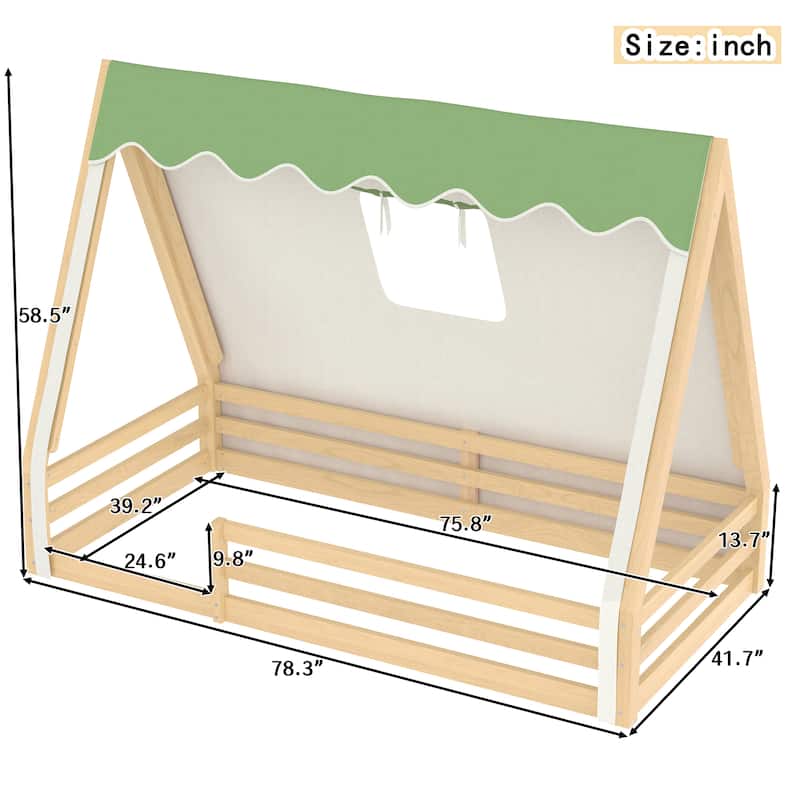 Full/Twin House Floor Bed with Tent, LED Light & Guardrails