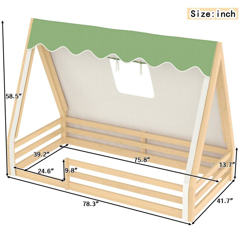 Twin Size House Floor Bed with Tent and Light, Solid Wood Teepee Floor Bed with Full-length Guardrails