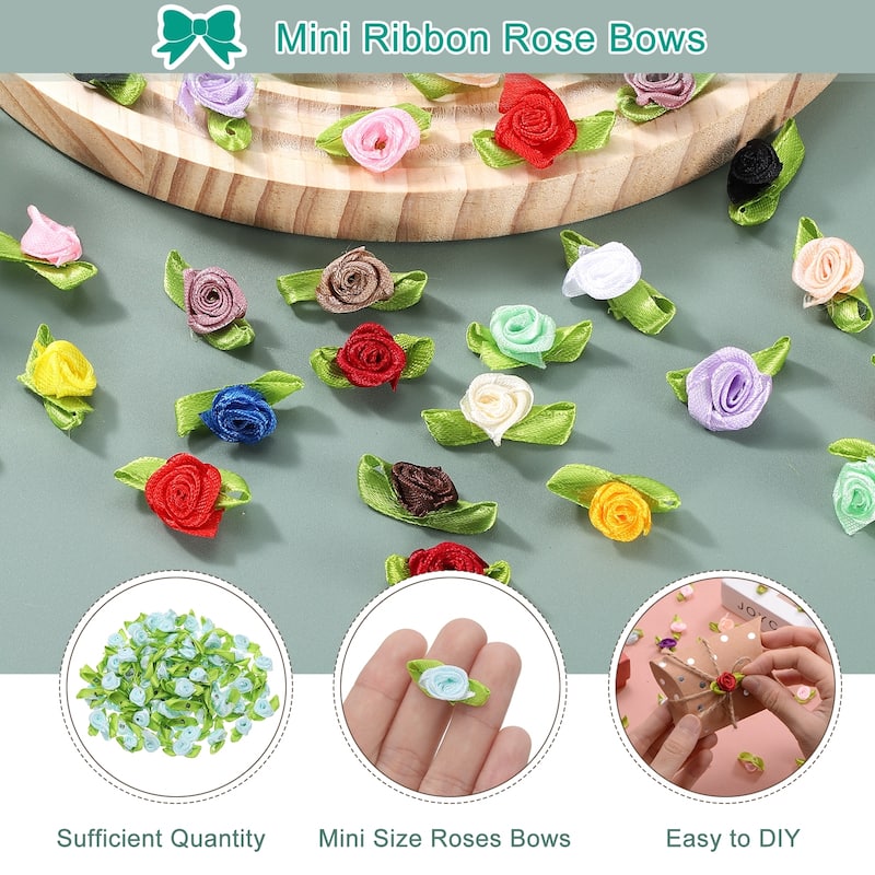 500 Pcs Mini Ribbon Roses Flowers Bows for Crafts, 15mm/0.6" Dia