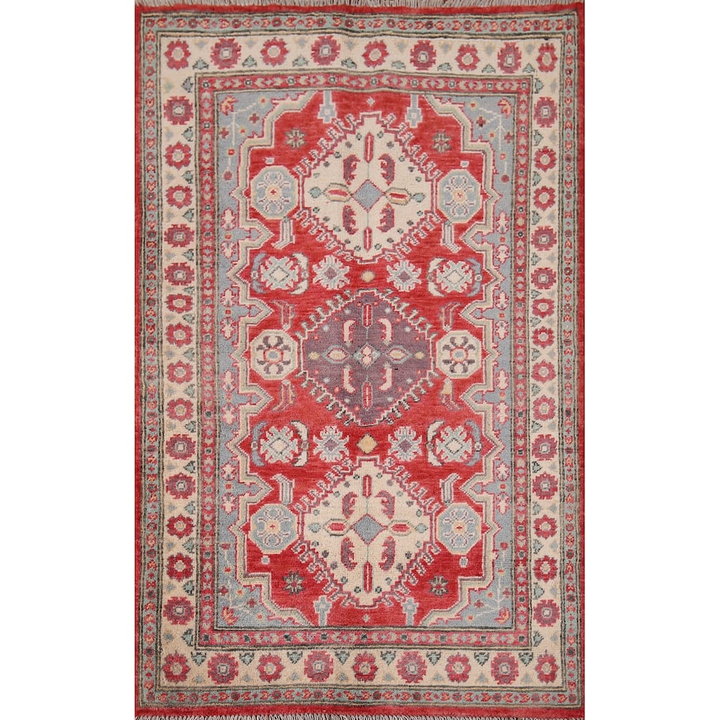 Geometric Red Kazak Accent Rug Hand-Knotted Foyer Wool Carpet - 2'10" x 4'3"