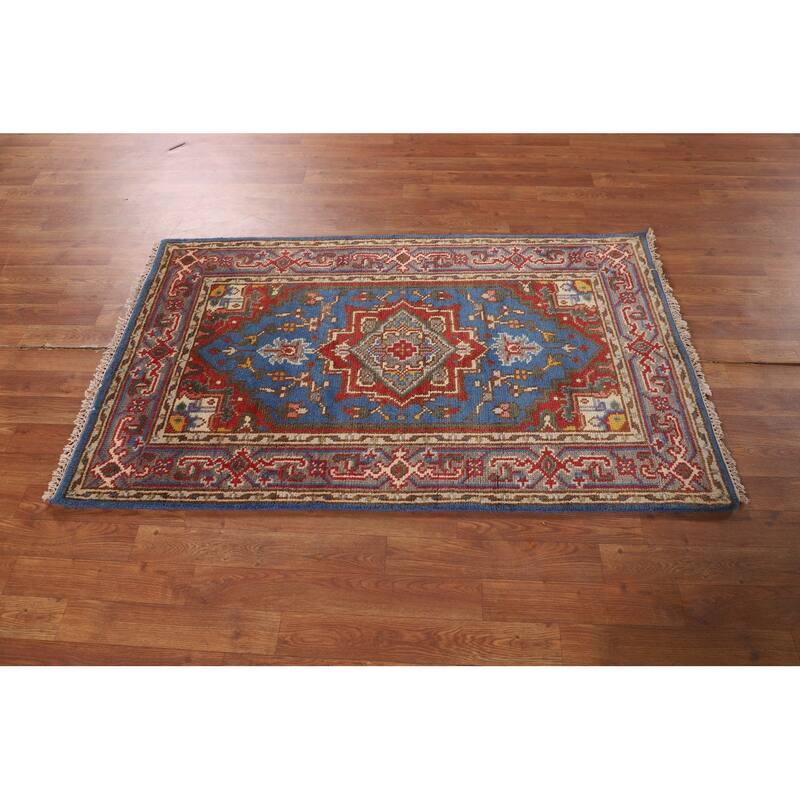 Light Blue Geometric Heriz Serapi Indian Rug Handmade Wool Carpet - 3'0" X 5'0"