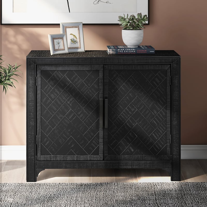 Wooden Buffet Cabinet with 2 Woven Wood Grain Doors with Adjustable Shelves Accent Cabinet with Vintage Door Handle