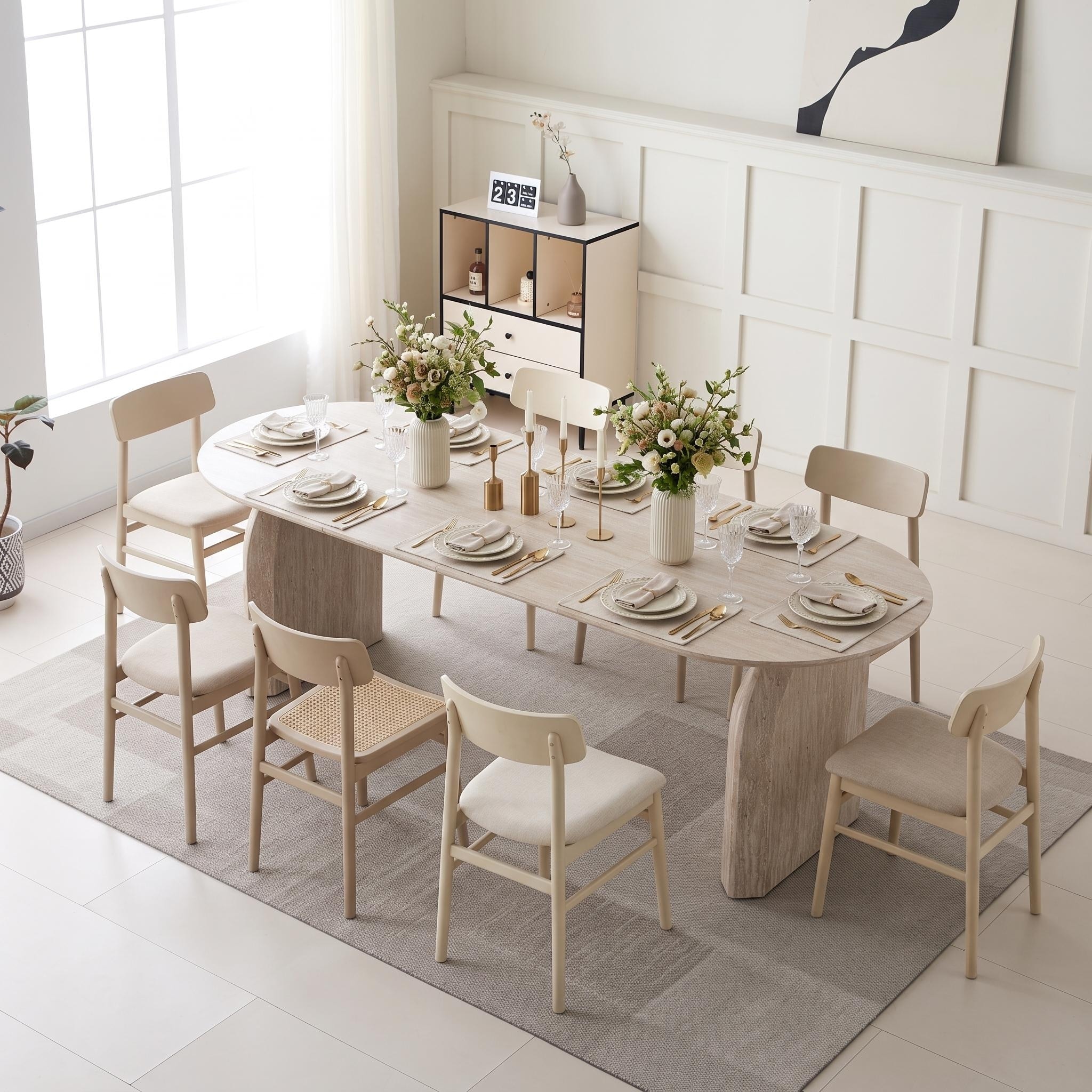 HOMYLIN Extendable Oval Dining Table for 6-8 with Dual Pillar Base, Off White