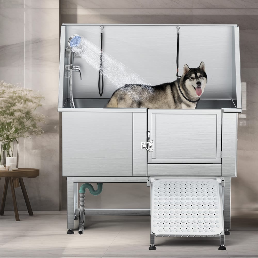 50'' W Stainless Steel Adjustable Pet Grooming Tub with Steps Ramp