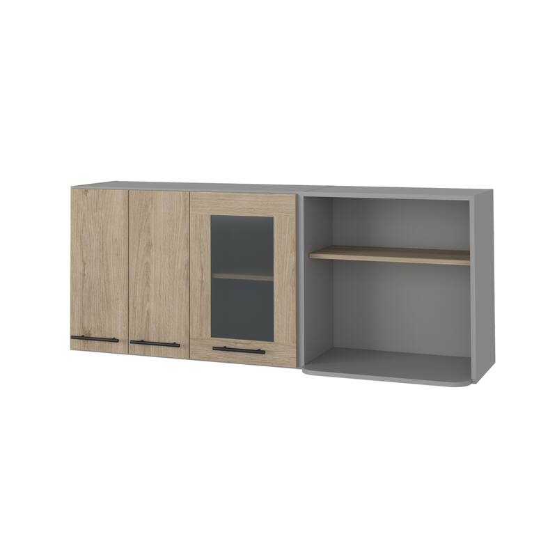 HomeRoots 24" Gray and Natural Wood Wall Mounted Kitchen Cabinet With Three Doors
