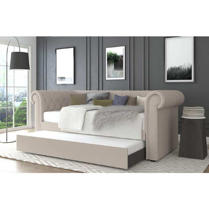 Upholstered Daybed w/ Trundle, Tufted Rolled Arm Livingroom Sofa Bed - Beige