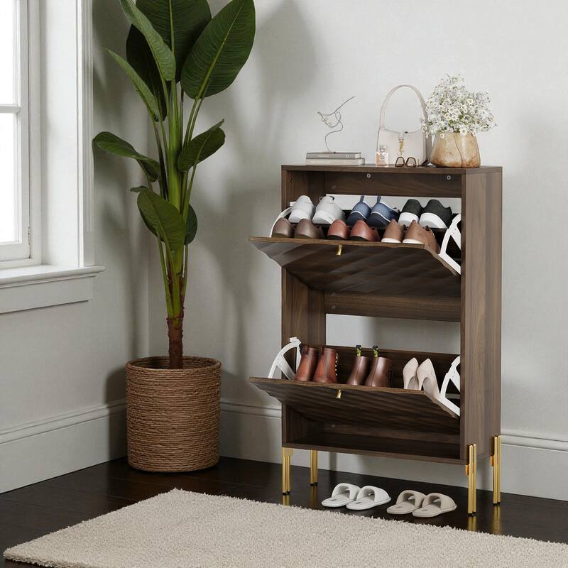 23.6" Shoe Cabinet with 2 Flip Drawers, Mid-Century Modern Freestanding Shoe Storage Organizer with Metal Legs