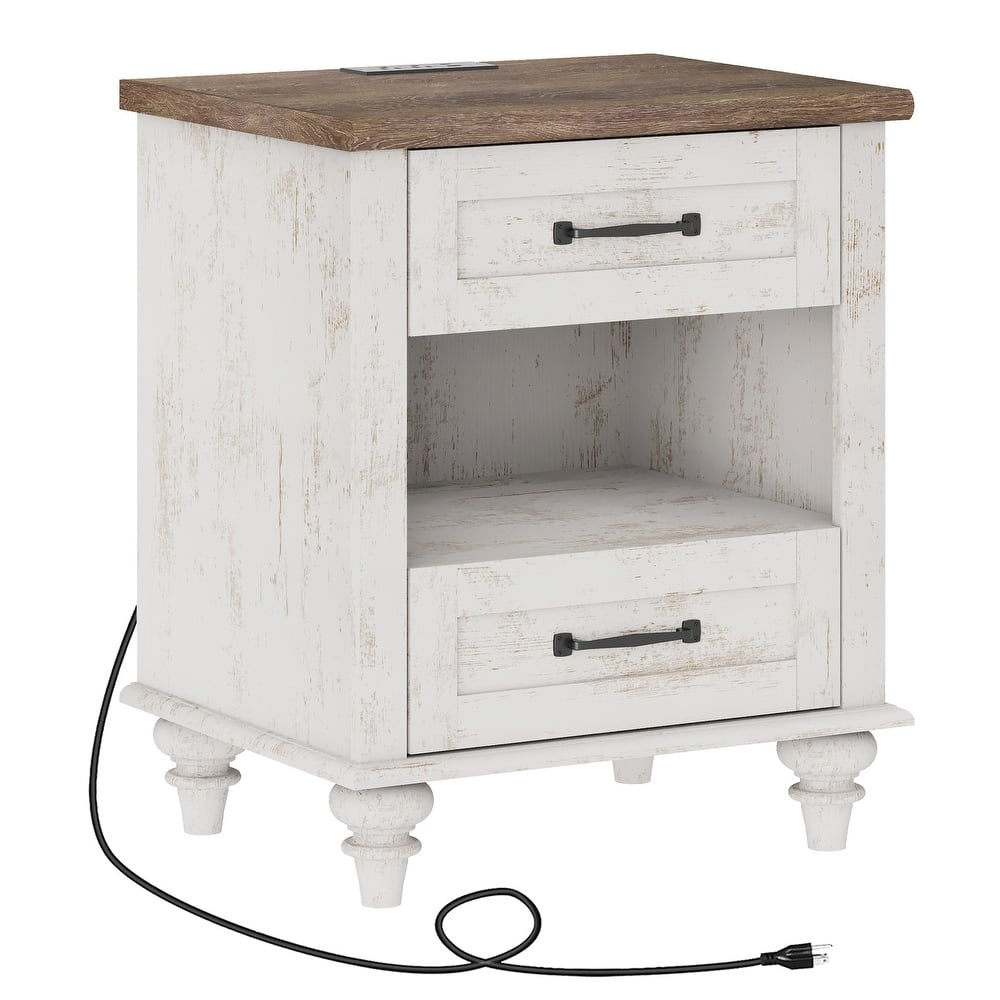 Farmhouse End Table Nightstands with Charging Station & Drawer