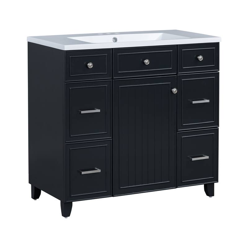 36" Black Bathroom Vanity Cabinet with Single Sink, Soft-Close Door, 3 Drawers, Waterproof Resin Sink