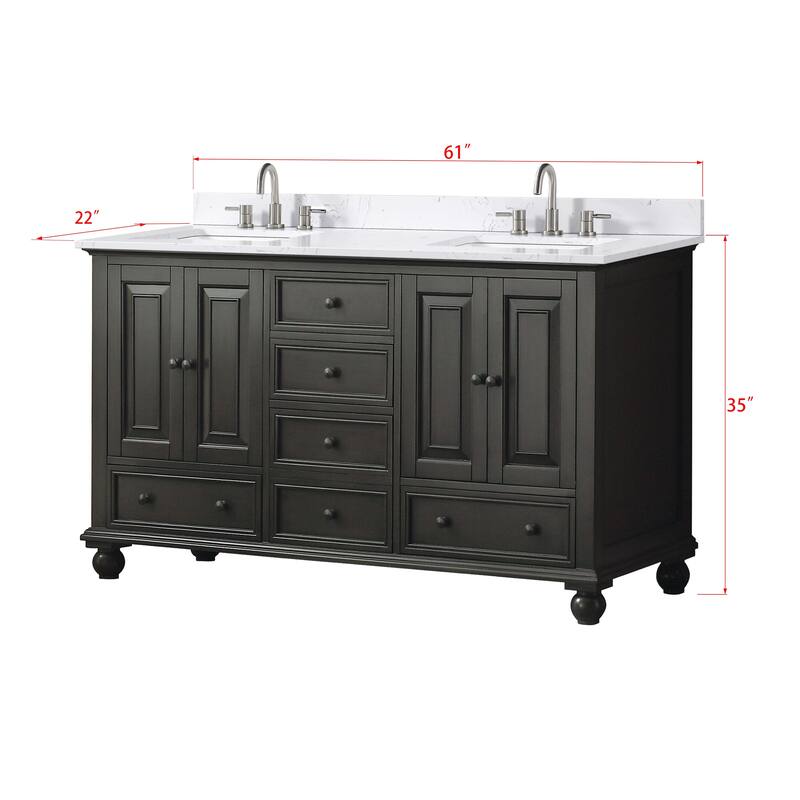 Thompson 60 in. Double Sink Bathroom Vanity with Engineered Stone Top - 61"W x 22"D x 35"H