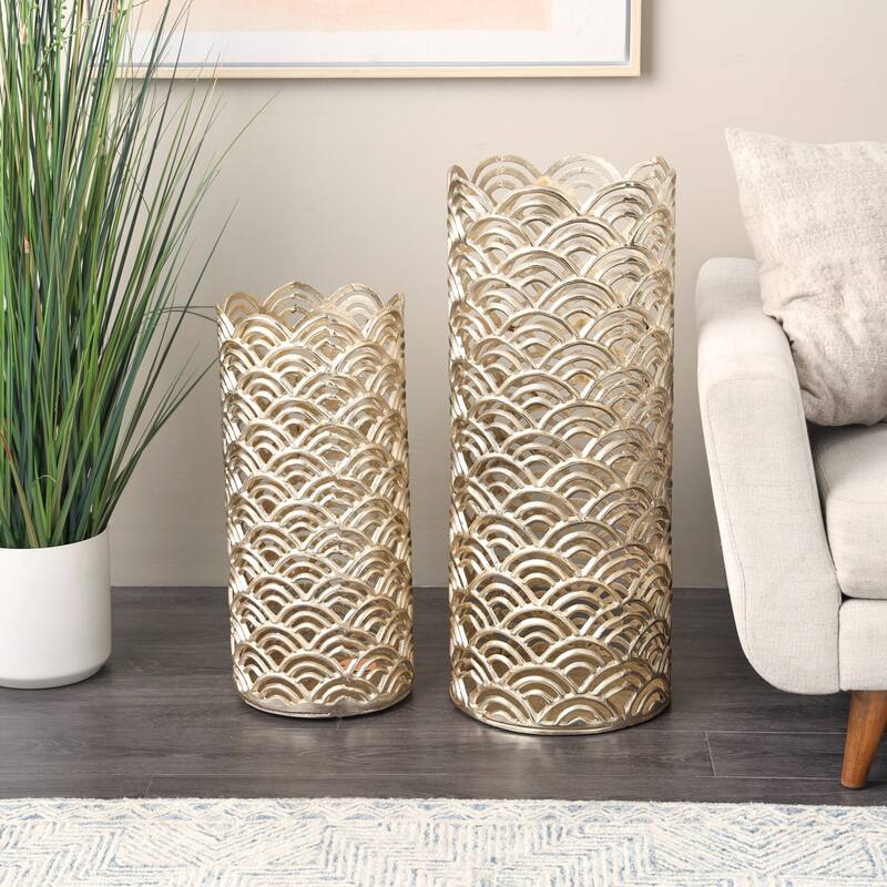 Silver or Gold Aluminum Metal Art Deco Inspired Geometric Vase with Arch Designs (Set of 2)