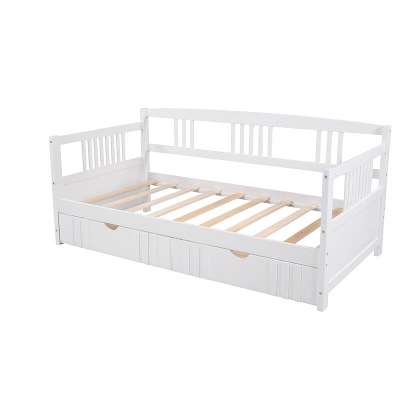 Daybed with Two Drawers, Solid Wood Frame, Guardrails, No Box Spring Needed