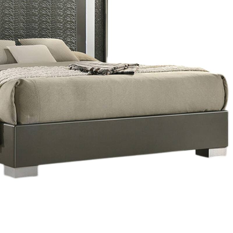Levi Queen Bed, Dark Gray, Solid Teak and Rubberwood, Modern LED Lighting