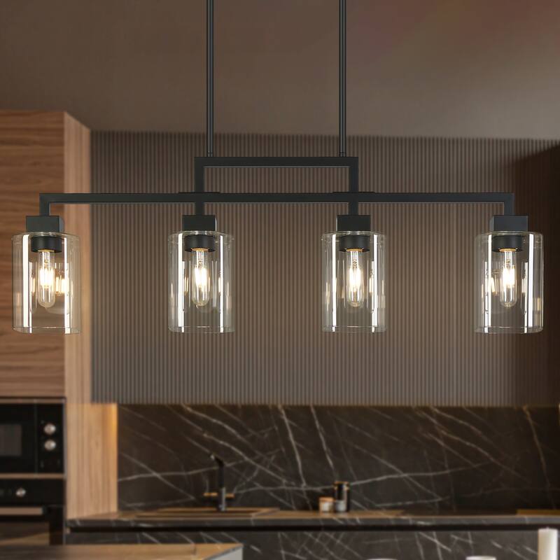 Modern Industrial 4-Light Black Linear Chandelier Glass Light for Kitchen Island Dining Room - L 34.4" x D 4.3" x H 12"