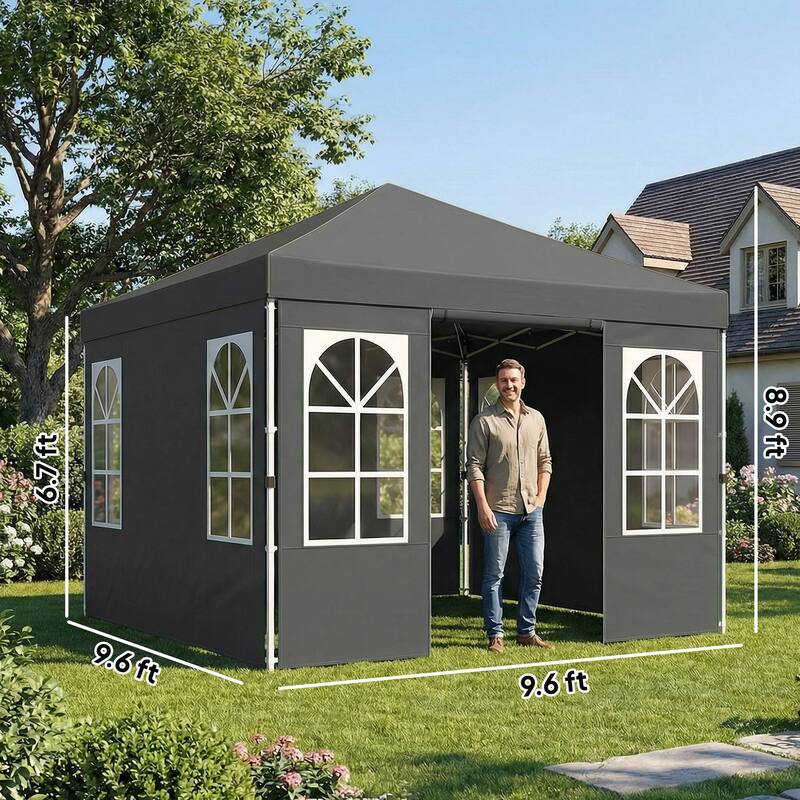 Outsunny 9.6 x 9.6 ft Pop Up Canopy Tent with Sidewalls, One Button Push Setup, UPF50+ Outdoor Portable Instant Canopy Shelter