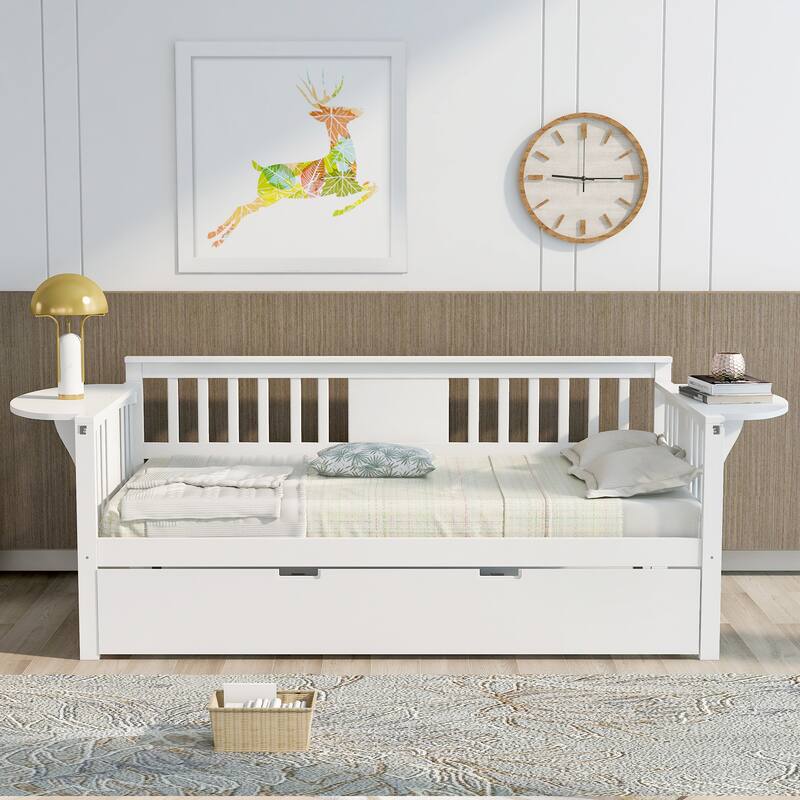 Wooden Daybed with Trundle Bed & Slatted Support, Dual-Use Sturdy Sofa Bed for Bedroom or Living Room