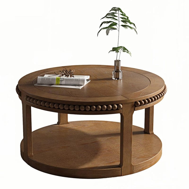 Round Solid Wood Coffee Table, Two-Tier Design with Sturdy Construction for Living Room Elegance
