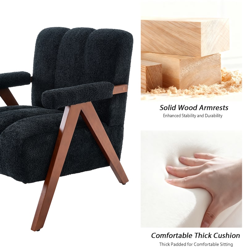 Mid Century Modern Accent Chair, Chenille Armchair with Solid Wood Legs, Channel Tufted Comfy Reading Chair for Living Room