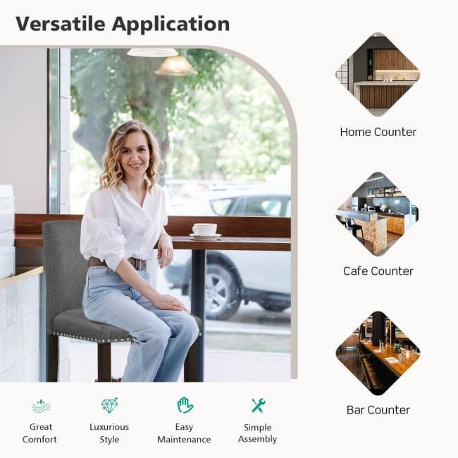 Set of 2 Bar Stools Linen Fabric Counter Height Chairs for Kitchen Island - 19" x 20" x 39" (L x W x H)