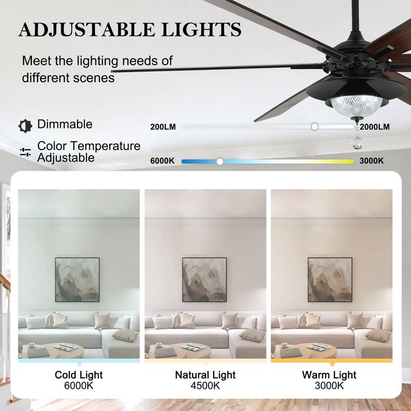CurveCurio 72" Antique Lagre Ceiling Fan, Wood Blades and LED Lights Kit w Crystal Shade, Quiet DC Motor 6 Speed w Remote