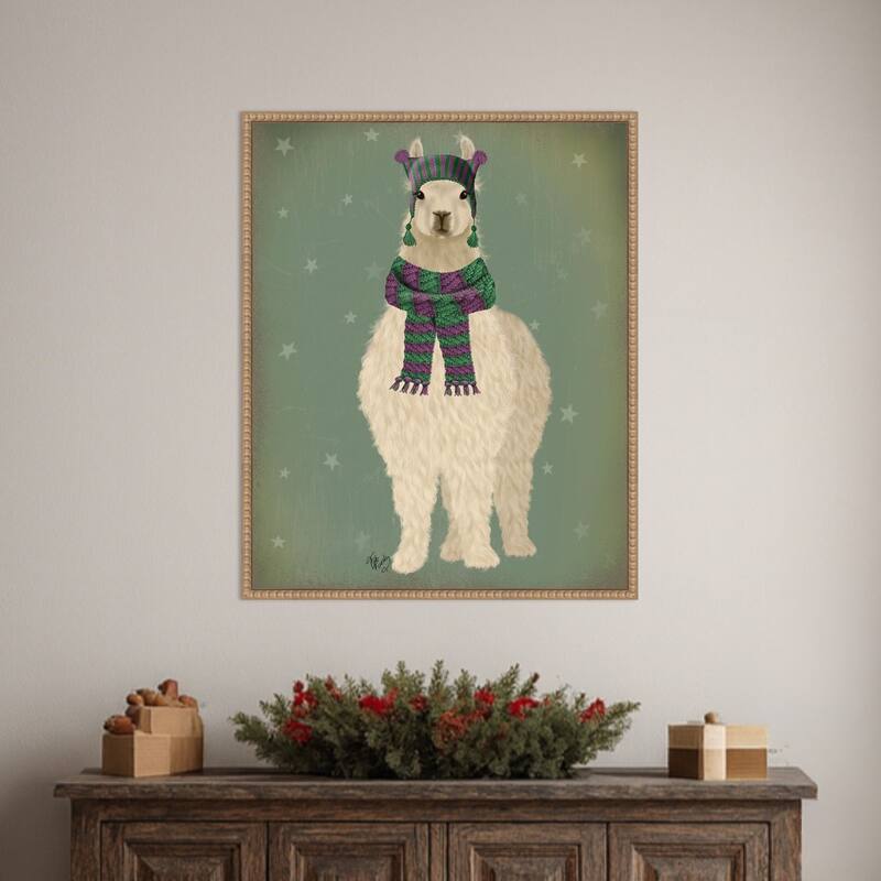 Llama with Purple Scarf, Full by Fab Funky (23 x 28 in.), Framed Canvas Wall Art Print - Sylvie Beaded Rustic Natural