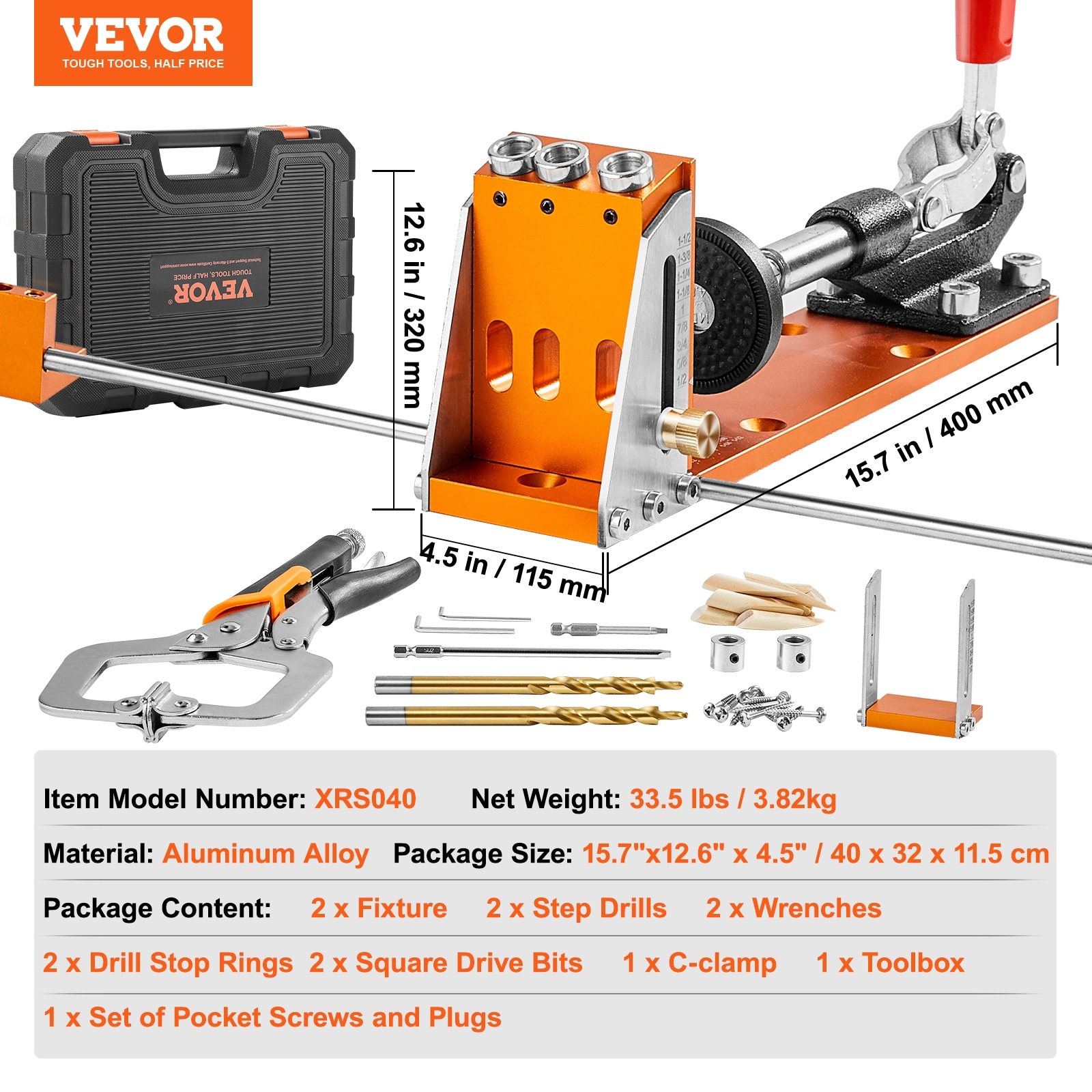 VEVOR Pocket Hole Jig Kit, 34 Pcs Pocket Hole Jig System with 11 C-clamp,  Fixture, Step Drills, Wrenches, Drill Stop Rings, Square Drive Bits