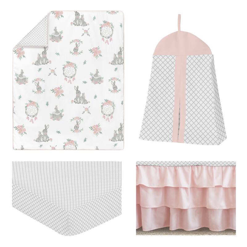 Sweet Jojo Designs Blush Pink Grey Woodland Boho Dream Catcher Bunny Floral Girl 4-pc Nursery Crib Bedding Set - Watercolor Rose