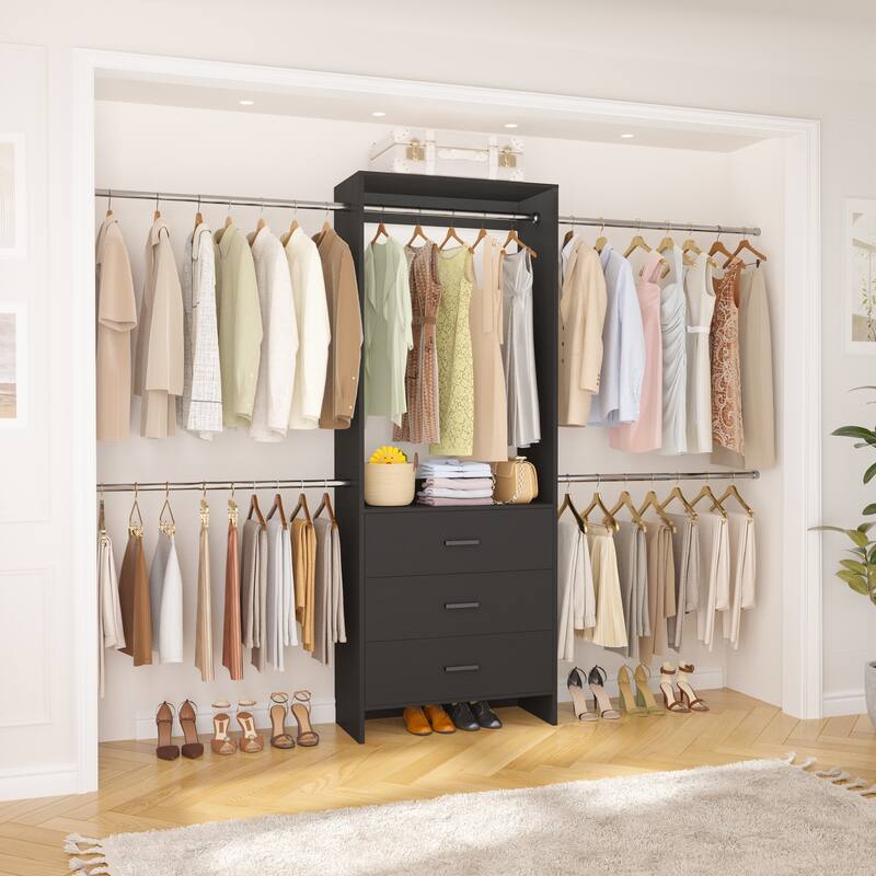 Cimly 118'' Closet Organizer with 3 Wooden Drawers, Adjustable Closet System with 5 Hanging Rods - Black