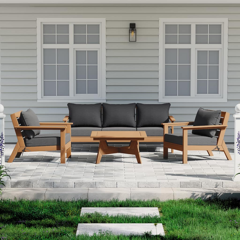 Birchwood All Weather HDPE Outdoor Patio Teak Deep Seating Conversation Set (6-Piece Set)