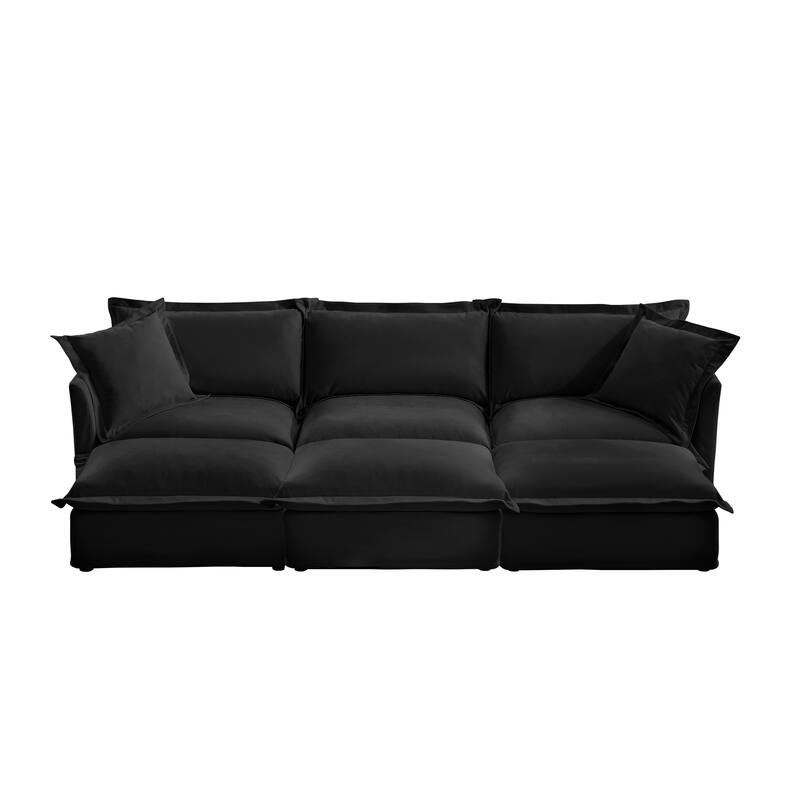 Modern 3-seater upholstered sofa with 3 ottomans and 2 pillows - Black,Chenille