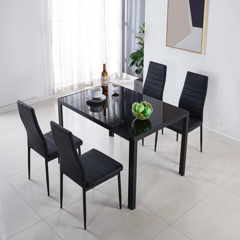 Black Rectangle Metal Dining Table with Tempered Glass Tabletop