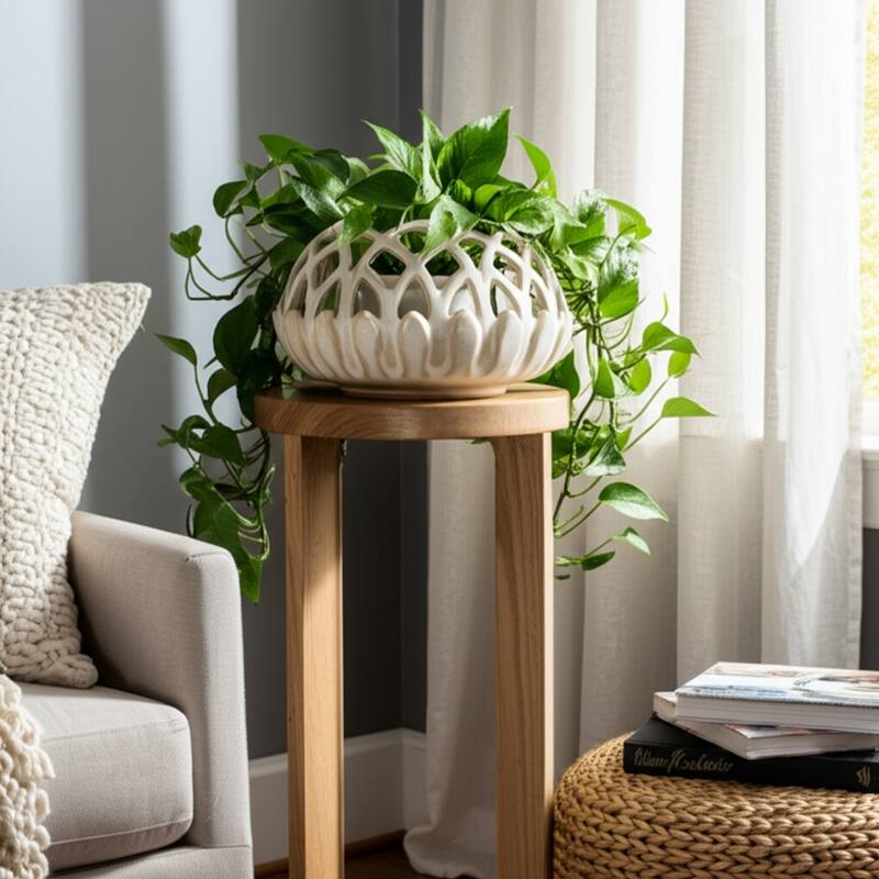Ceramic Planter Lattice Design Fauna-Inspired Home Decor - 7" White - 11" x 11" x 7"