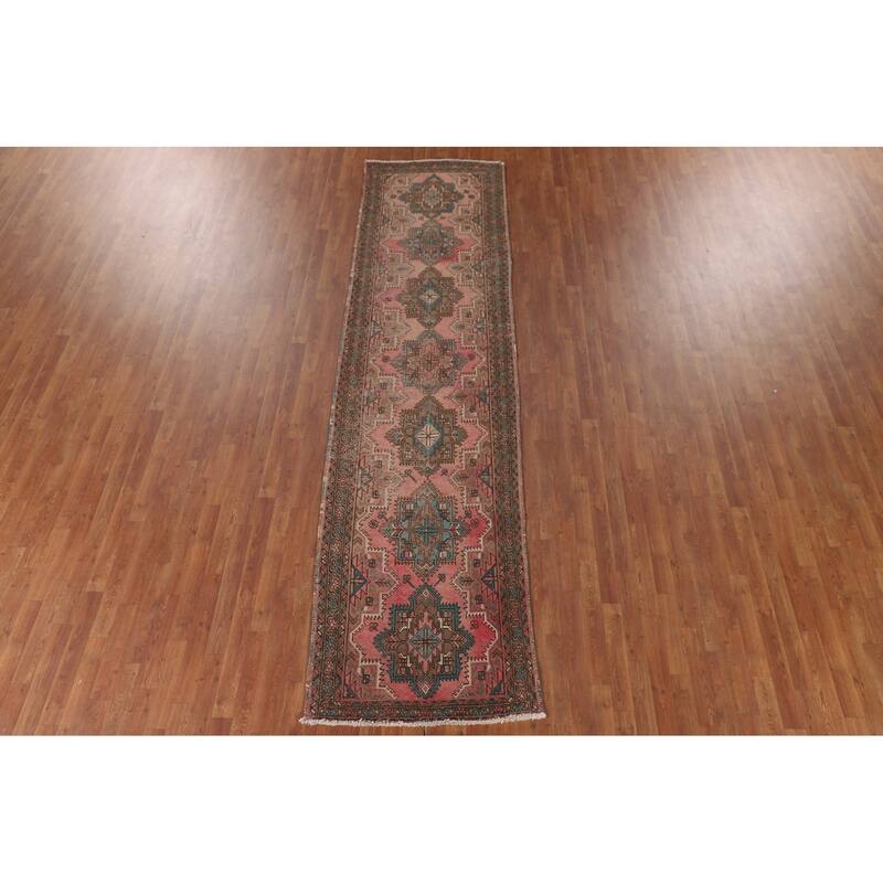 Pink Geometric Tabriz Persian Vintage Runner Rug Handmade Wool Carpet - 3'3"x 12'5"